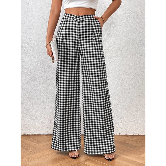 WILA Pants - Gingham plaid Print Wide Leg high waist  Pants black white